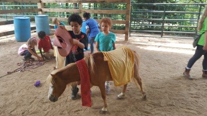 children decorating miniature horse