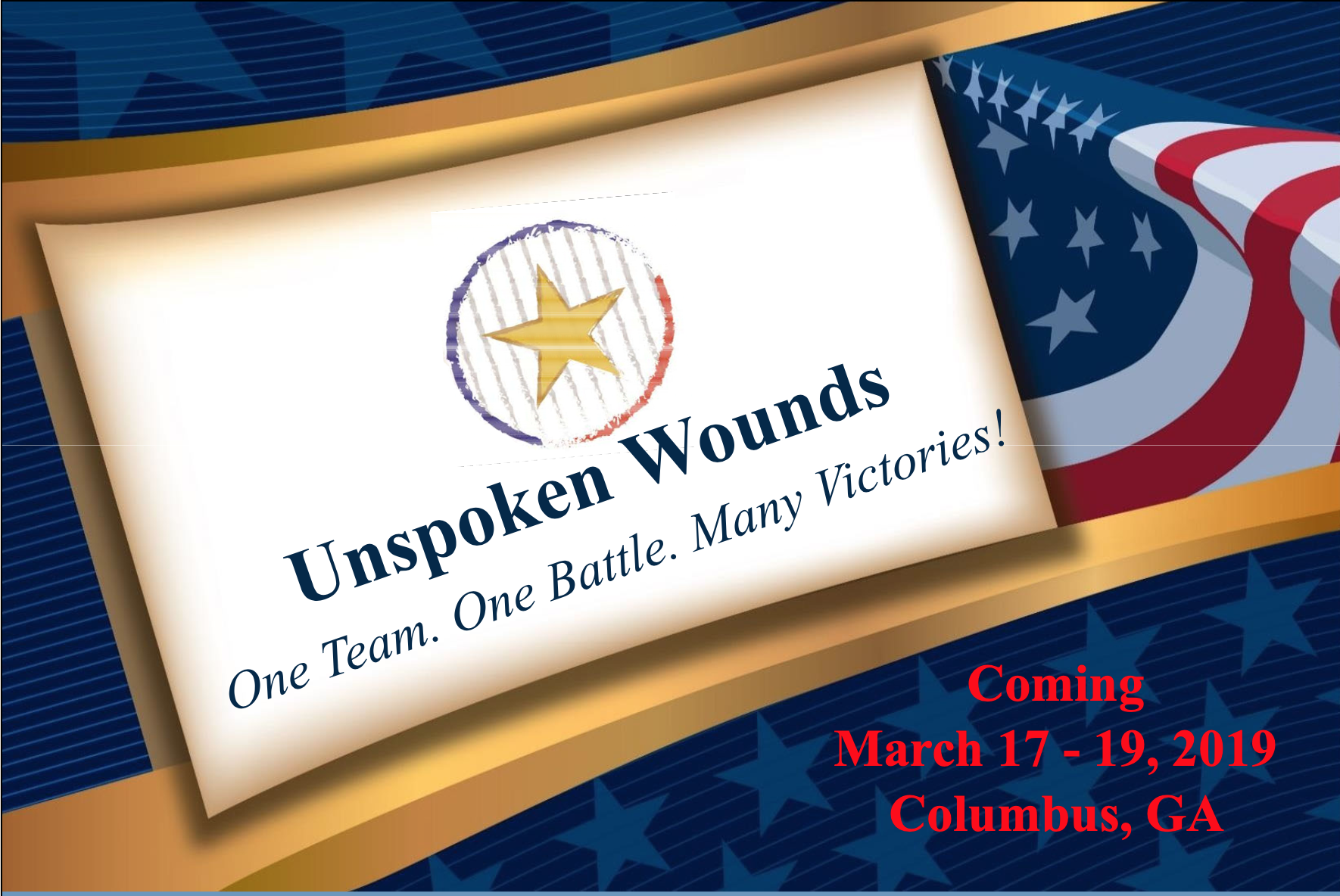 Unspoken Wounds logo with gold star in center and American flag in background
