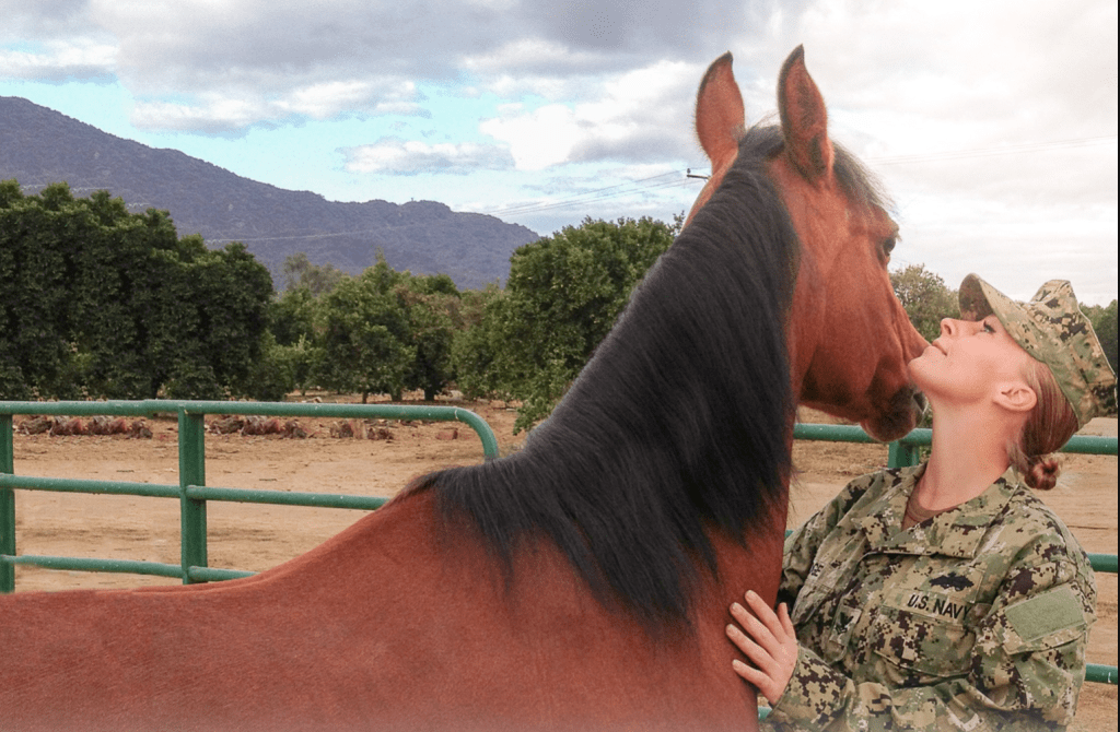 A service member in military camouflage interacts affectionately with a horse in a rural setting, surrounded by trees and mountains.