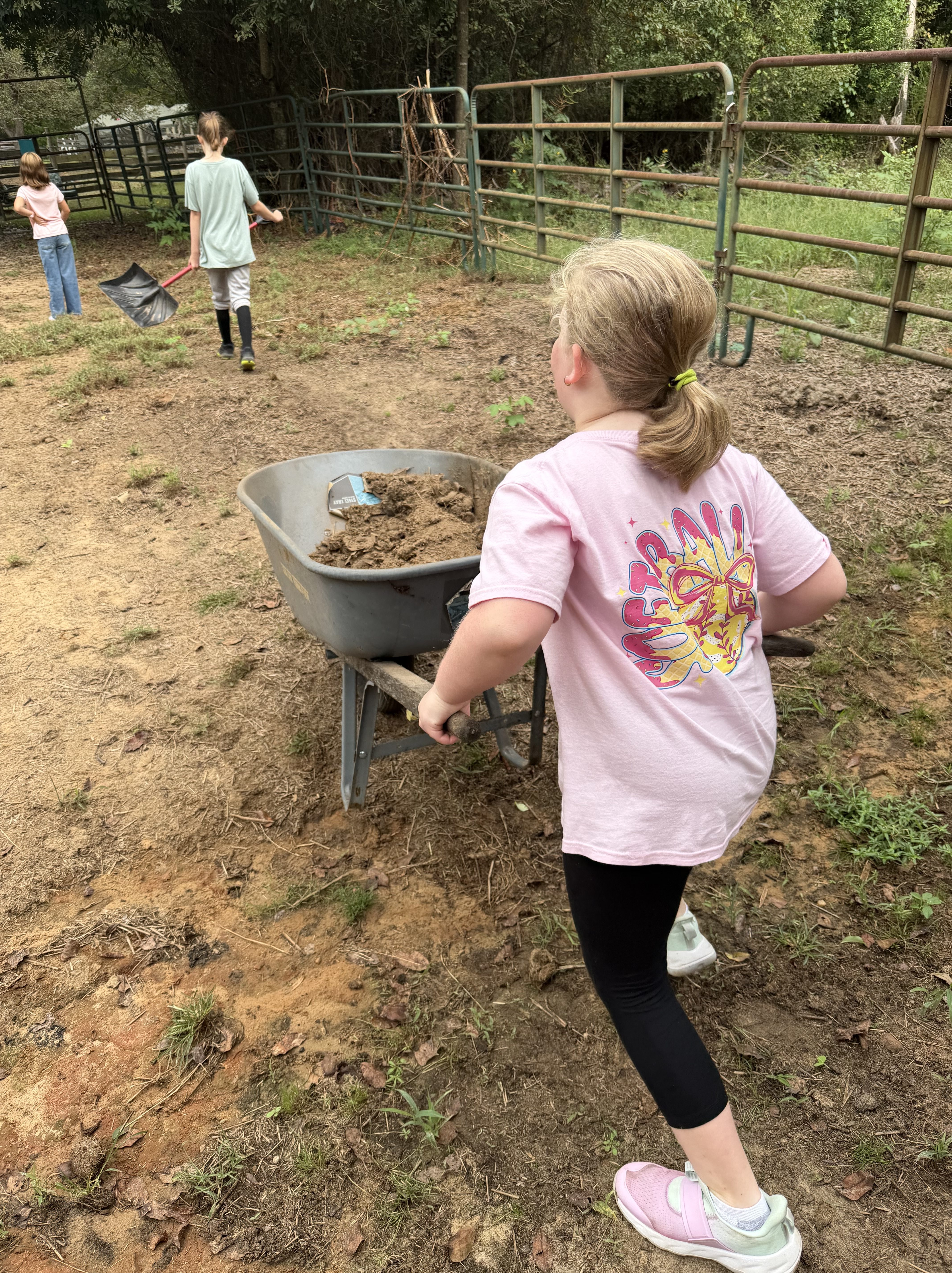 A young girl pulling a wheelbarrow filled with dirt, while two other children are seen working in the background on a farm.